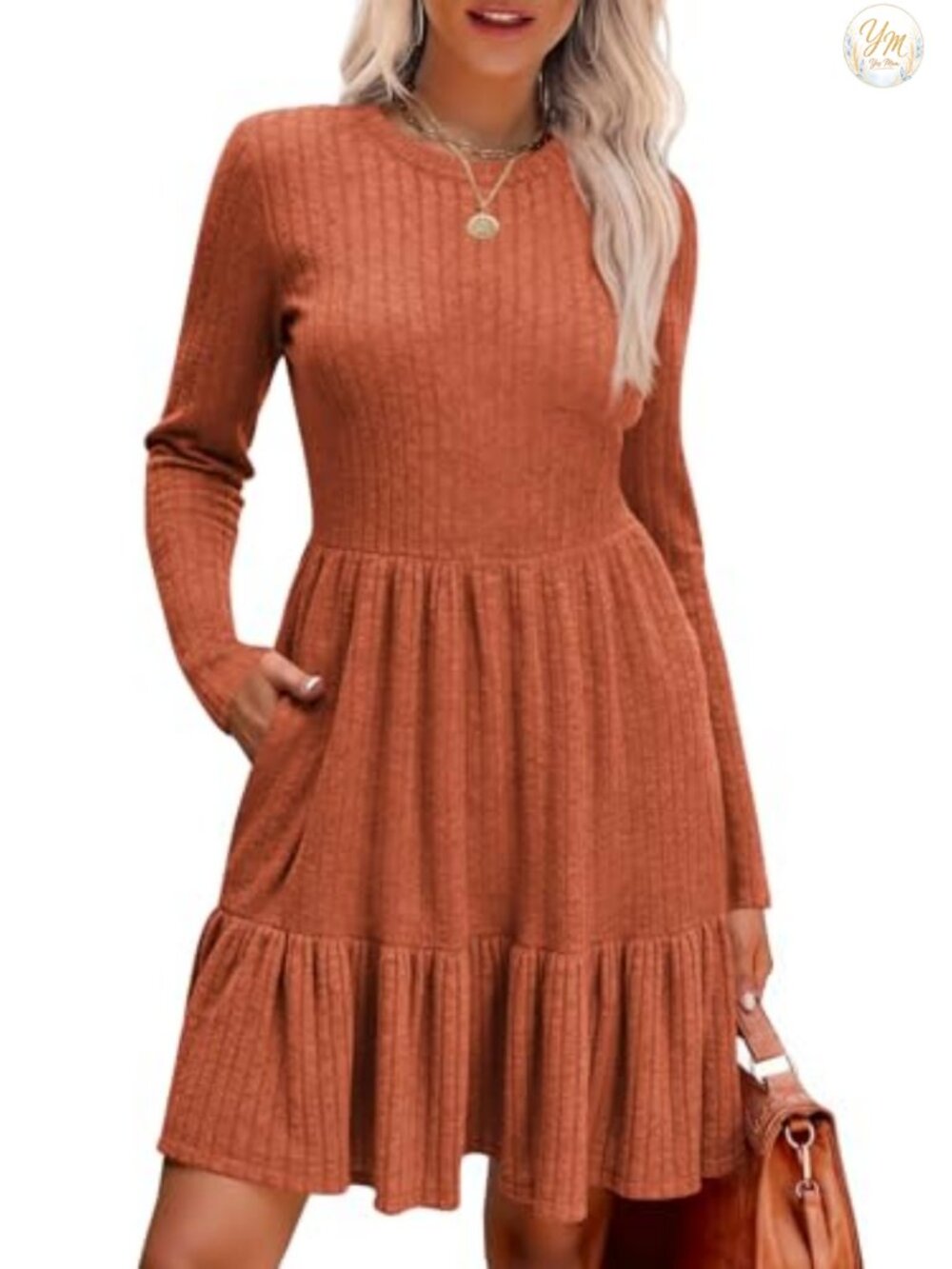 Long Sleeve Sweater Dress Crew Neck Babydoll Knee Length Pullover